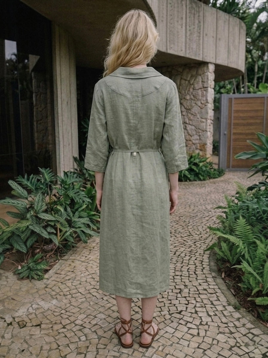 LINEN MIDI SHIRT DRESS-MUTED SAGE GREEN