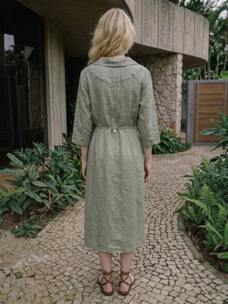 LINEN MIDI SHIRT DRESS-MUTED SAGE GREEN