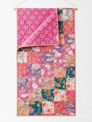 Bohemian Meadow & Fuchsia Scroll Cotton Reversible Queen Sized Quilt
