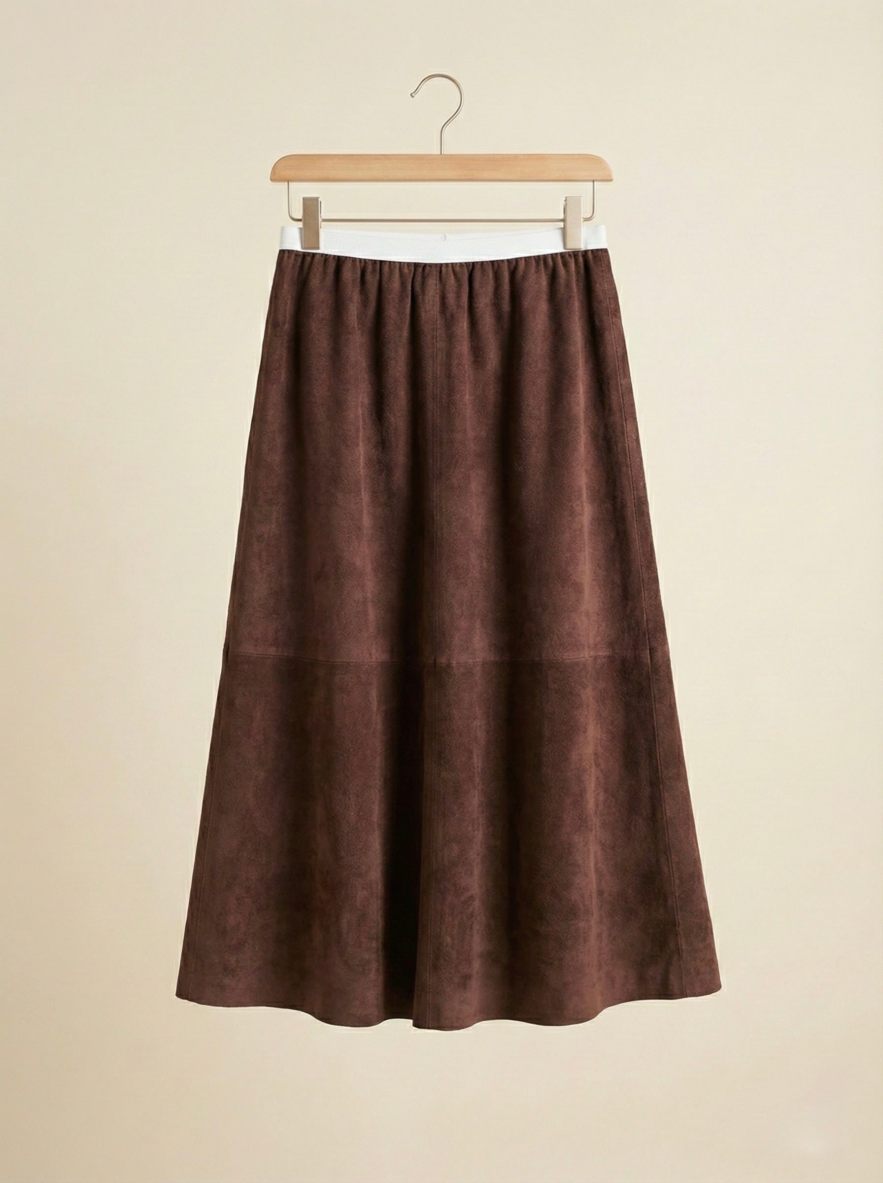 The Cognac Shimmer Waist Midi Skirt- Chocolate Brown