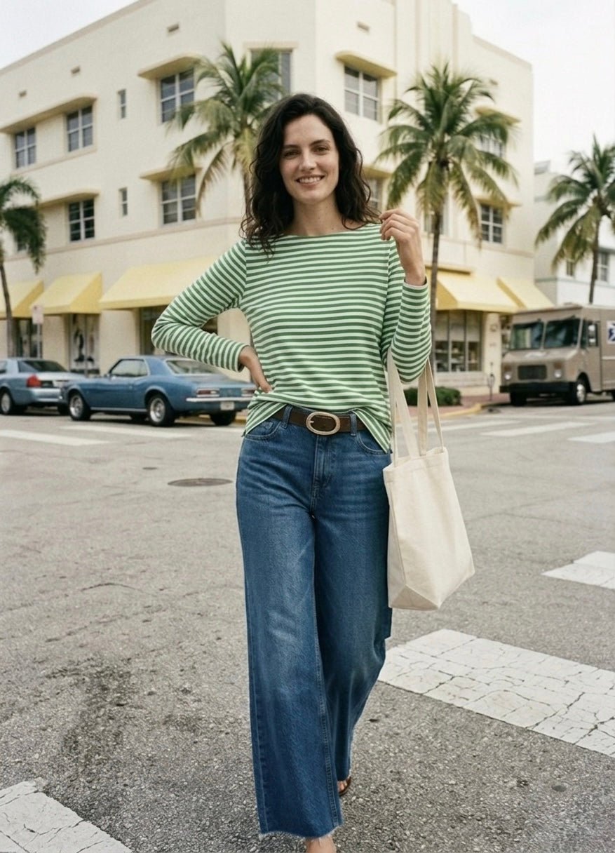 Striped Boatneck Long Sleeve Slim Fit - Green