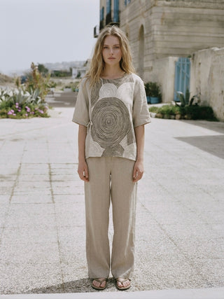 SWIRL PRINT ITALIAN LINEN BLOUSE WITH SIDE TIE- NATURAL