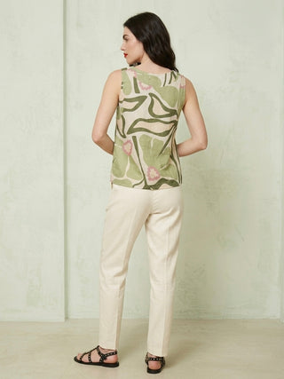 PRINTED ITALIAN LINEN TOP- MOSS GREEN FLORAL