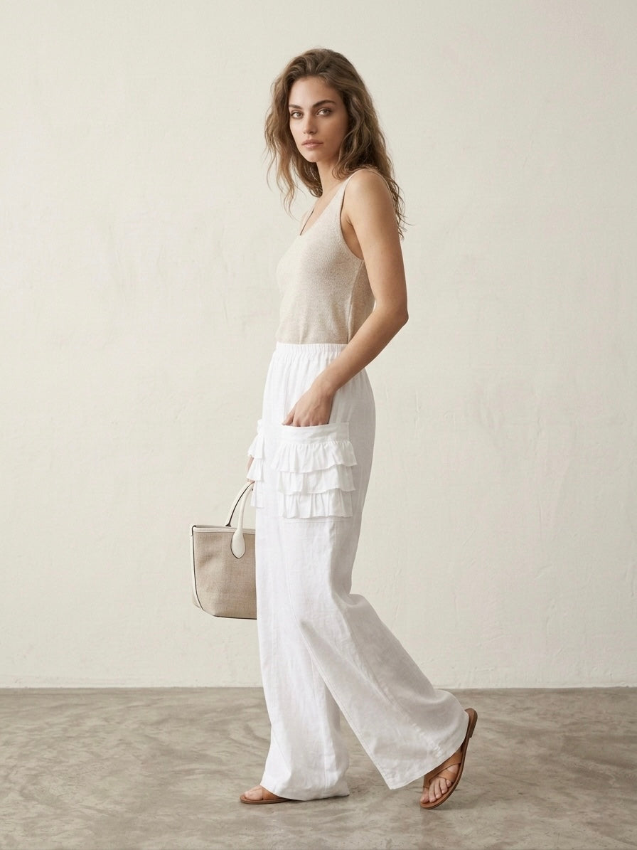 The White Ruffle-Pocket Linen Pant