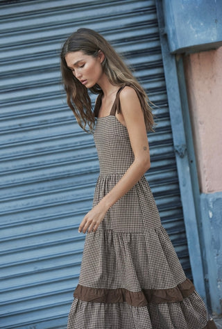 Chocolate Brown Gingham Tie-Strap Midi Dress