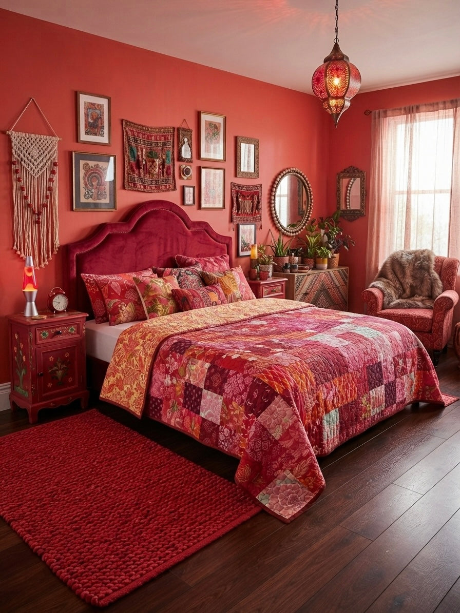 Crimson Floral Patchwork Reversible King Size Quilt