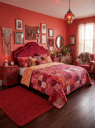 Crimson Floral Patchwork Reversible King Size Quilt