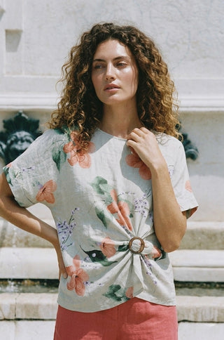 PRINTED LINEN BLOUSE WITH BUCKLE DETAIL- OATMEAL