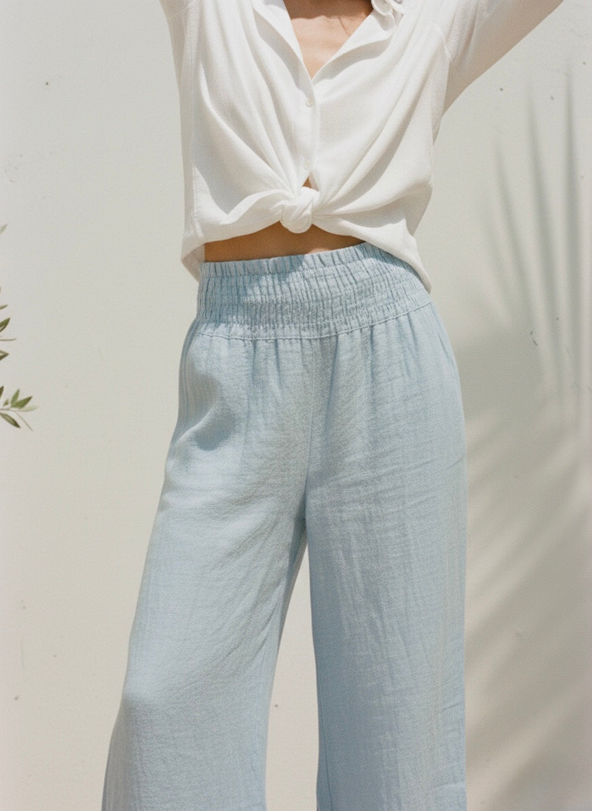 Linen Wide-Leg Breeze Pants- Powder Blue