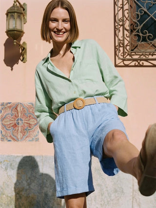 Sky Blue Belted Linen-Look Shorts