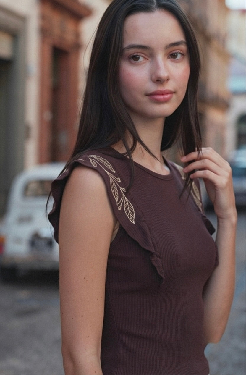 Embroidered Ruffle-Sleeve Ribbed Top- Burgundy