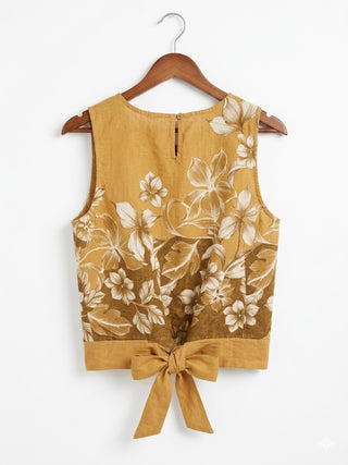 Sunburst Floral-Print Tie-Back Linen Top- Mustard
