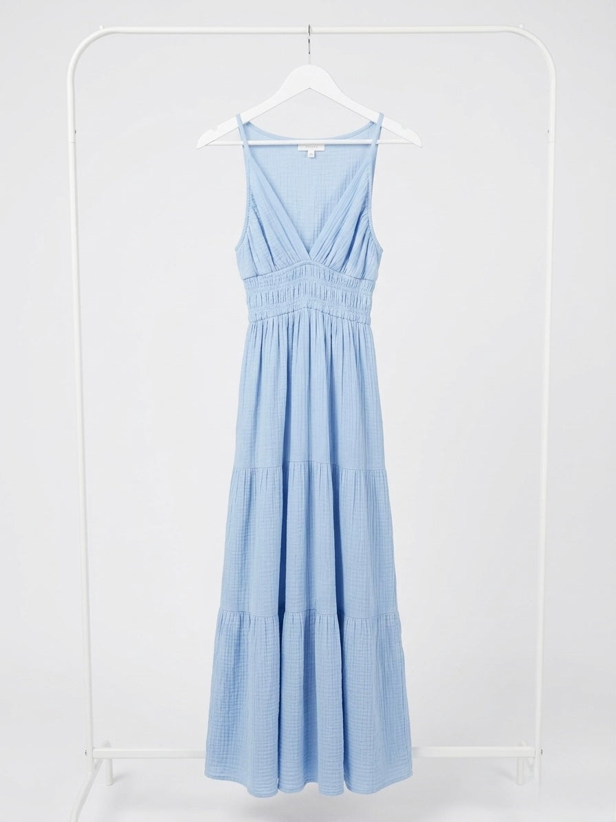 COTTON SEERSUCKER MAXI DRESS- ICE BLUE