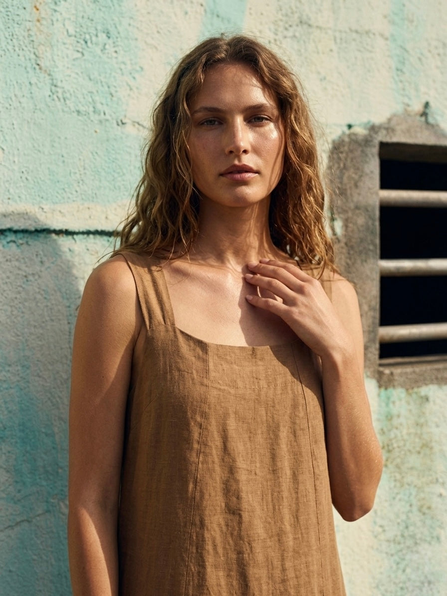 ITALIAN LINEN LONG DRESS- TAN