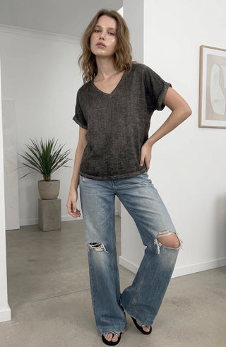 Positano Linen-Blend V-Top- Washed Charcoal