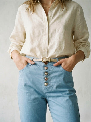 High-waisted, straight-leg twill pants- Periwinkle