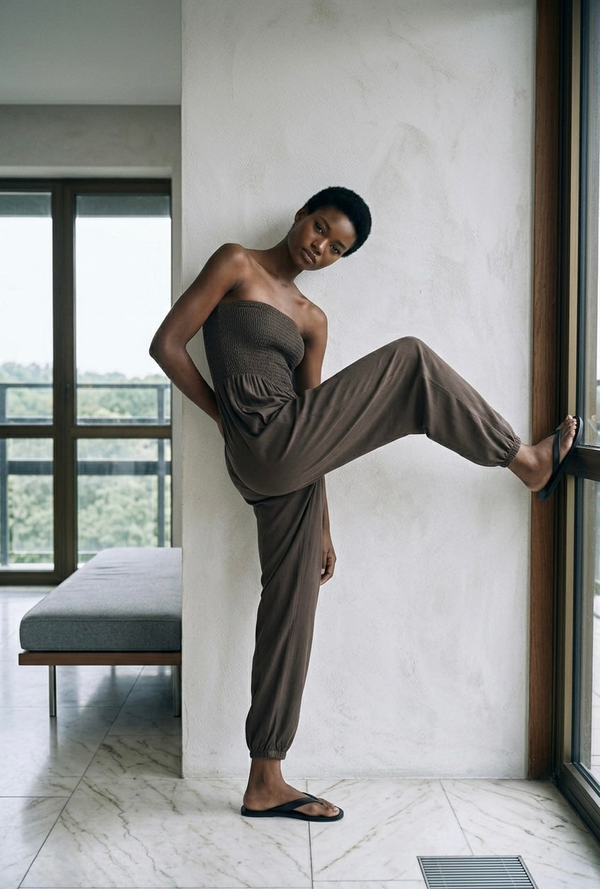 Espresso Smocked Strapless Jumpsuit