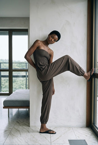 Espresso Smocked Strapless Jumpsuit