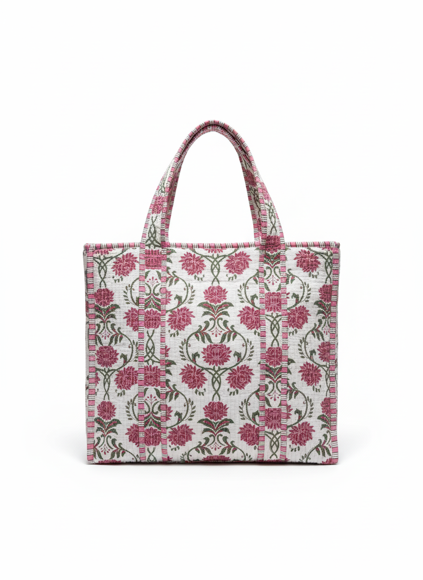 Pink Peony Quilted Tote with Zipper