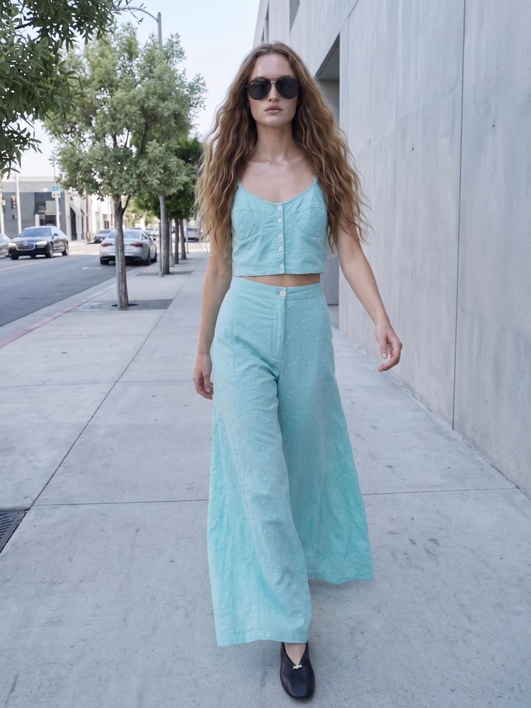 Seraphina High Waisted Wide-Leg Pants- Pastel Turquoise
