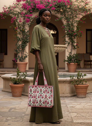 Pink Peony Quilted Tote with Zipper