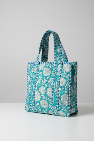 Azure Bloom Small Quilted Tote with Zipper