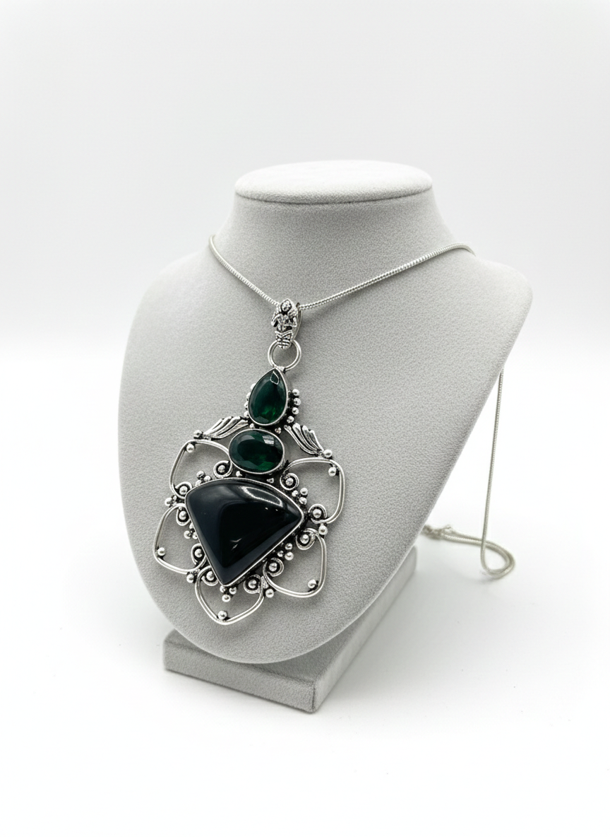 Emerald & Onyx Empress Sterling Silver Pendant