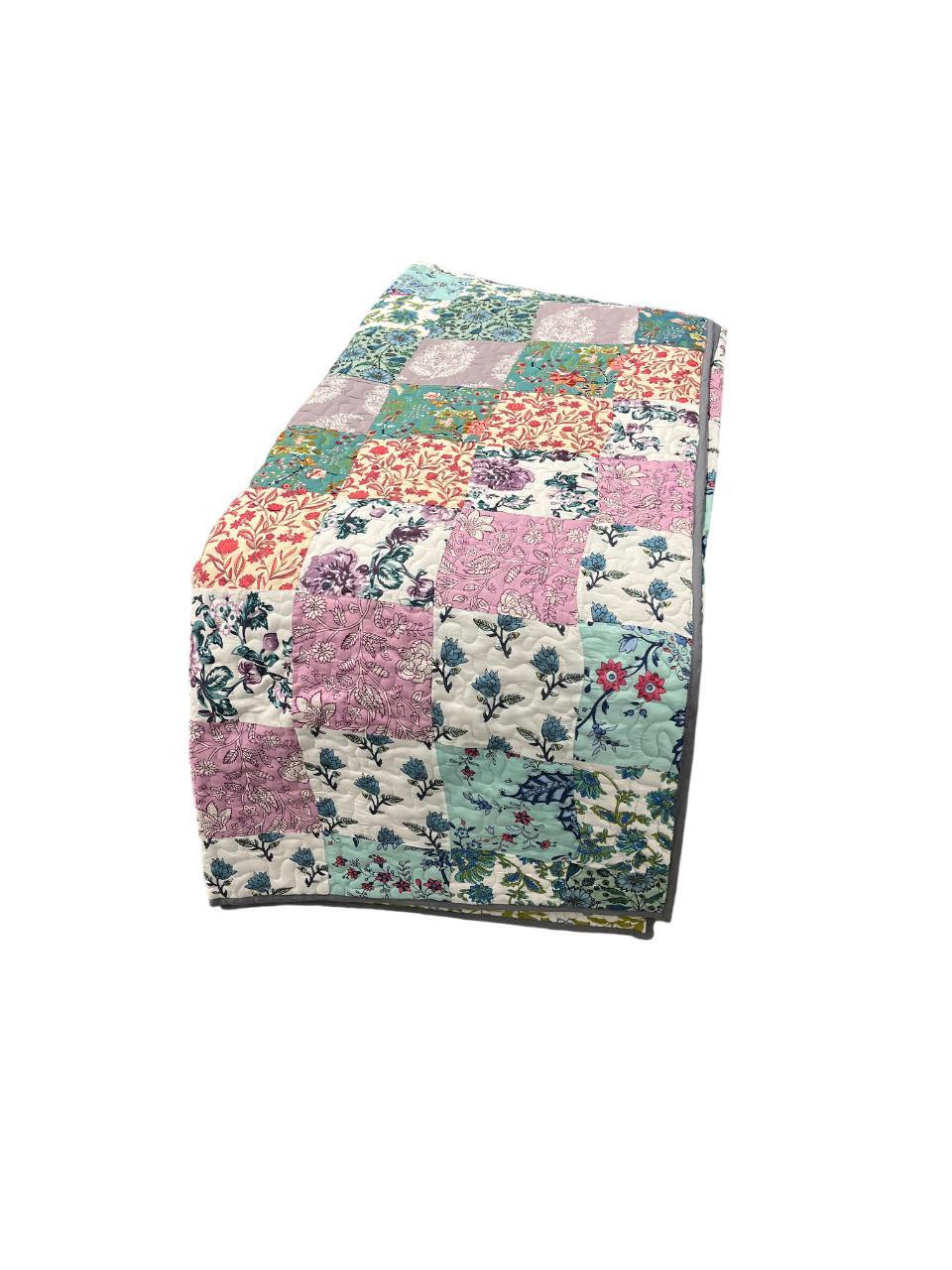 Reversible floral patchwork queen-size cotton quilt.