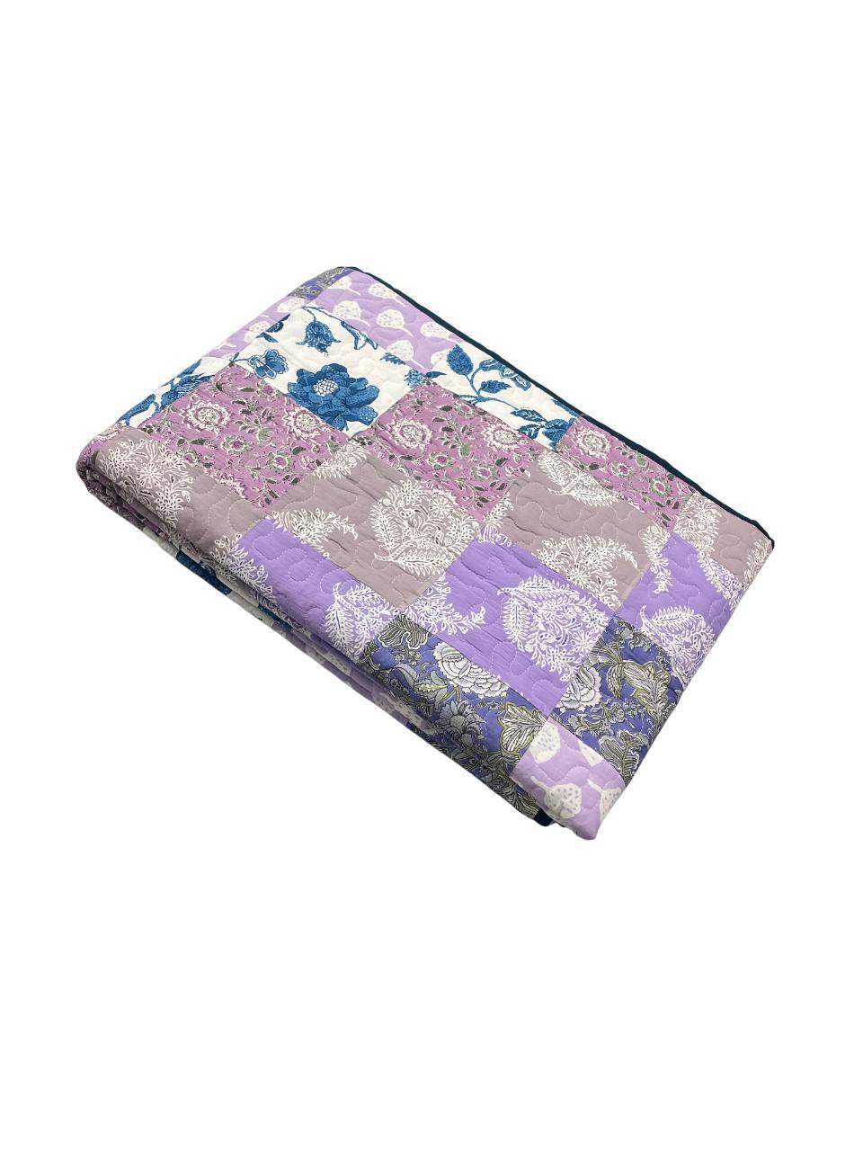 Aqua & Lavender Harmony: Reversible Twin Cotton Quilt with Floral Elegance