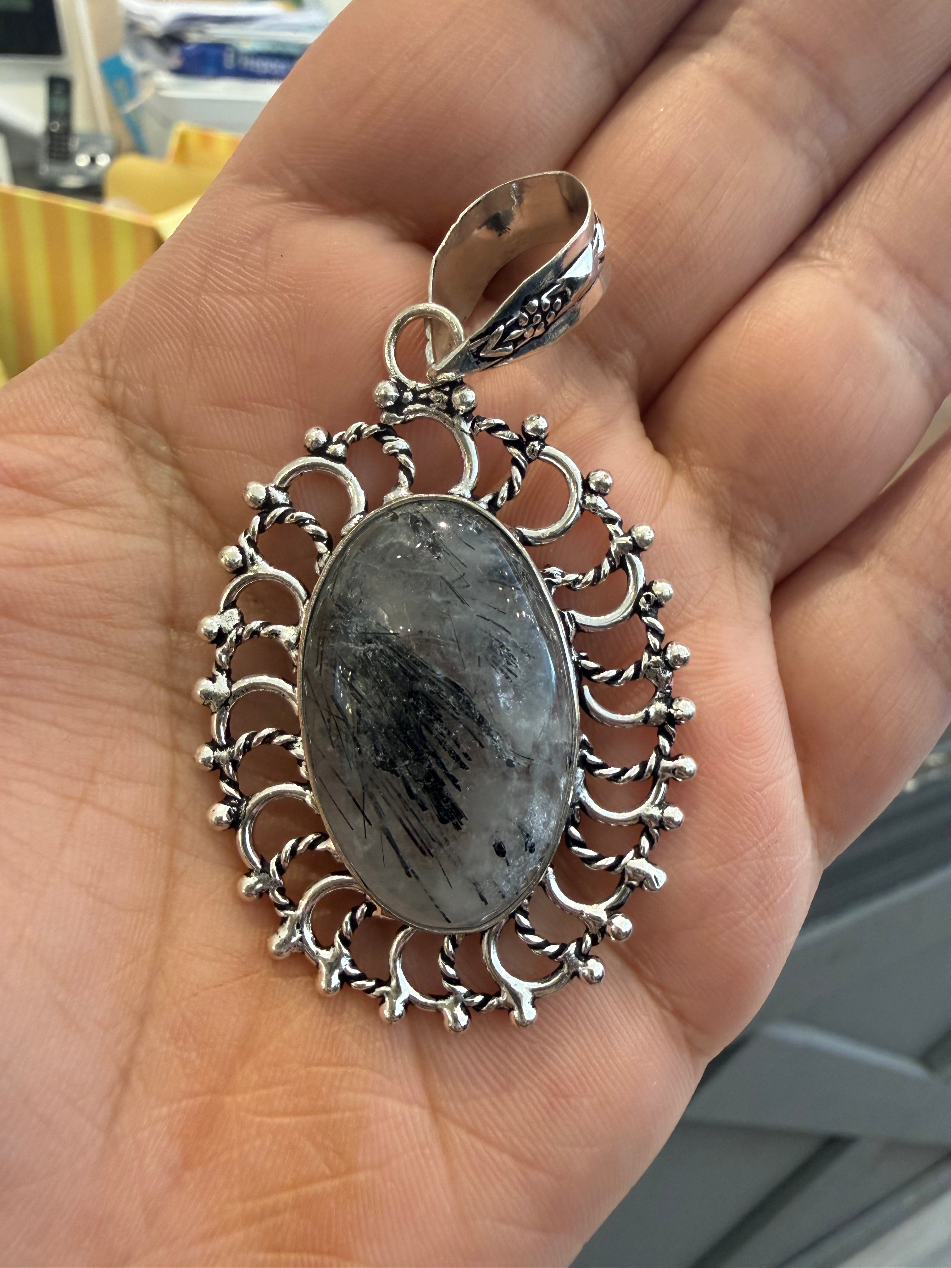 Midnight Galaxy Oval Sterling Silver Pendant- Grey