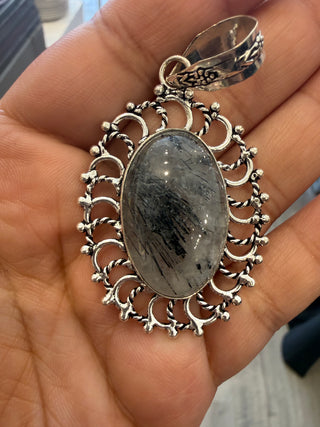 Midnight Galaxy Oval Sterling Silver Pendant- Grey