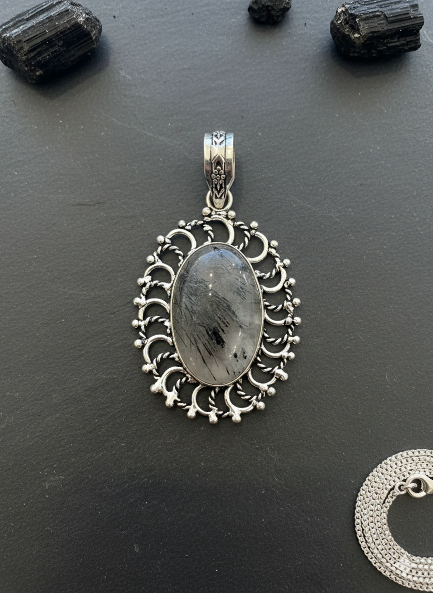 Midnight Galaxy Oval Sterling Silver Pendant- Grey