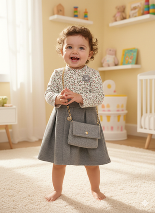 Floral & Grey Two-Piece Style Dress with Matching Purse