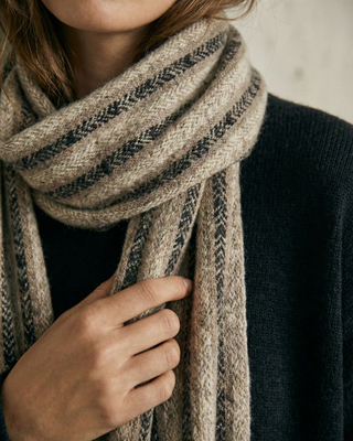 The Oatmeal Herringbone Stripe Wool-Cashmere Blend Scarf