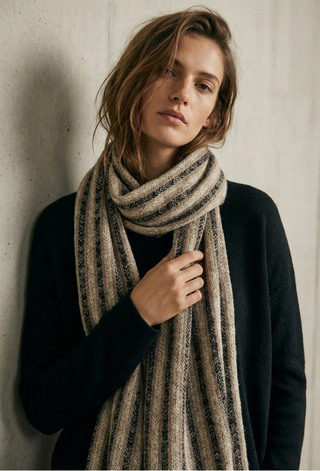 The Oatmeal Herringbone Stripe Wool-Cashmere Blend Scarf