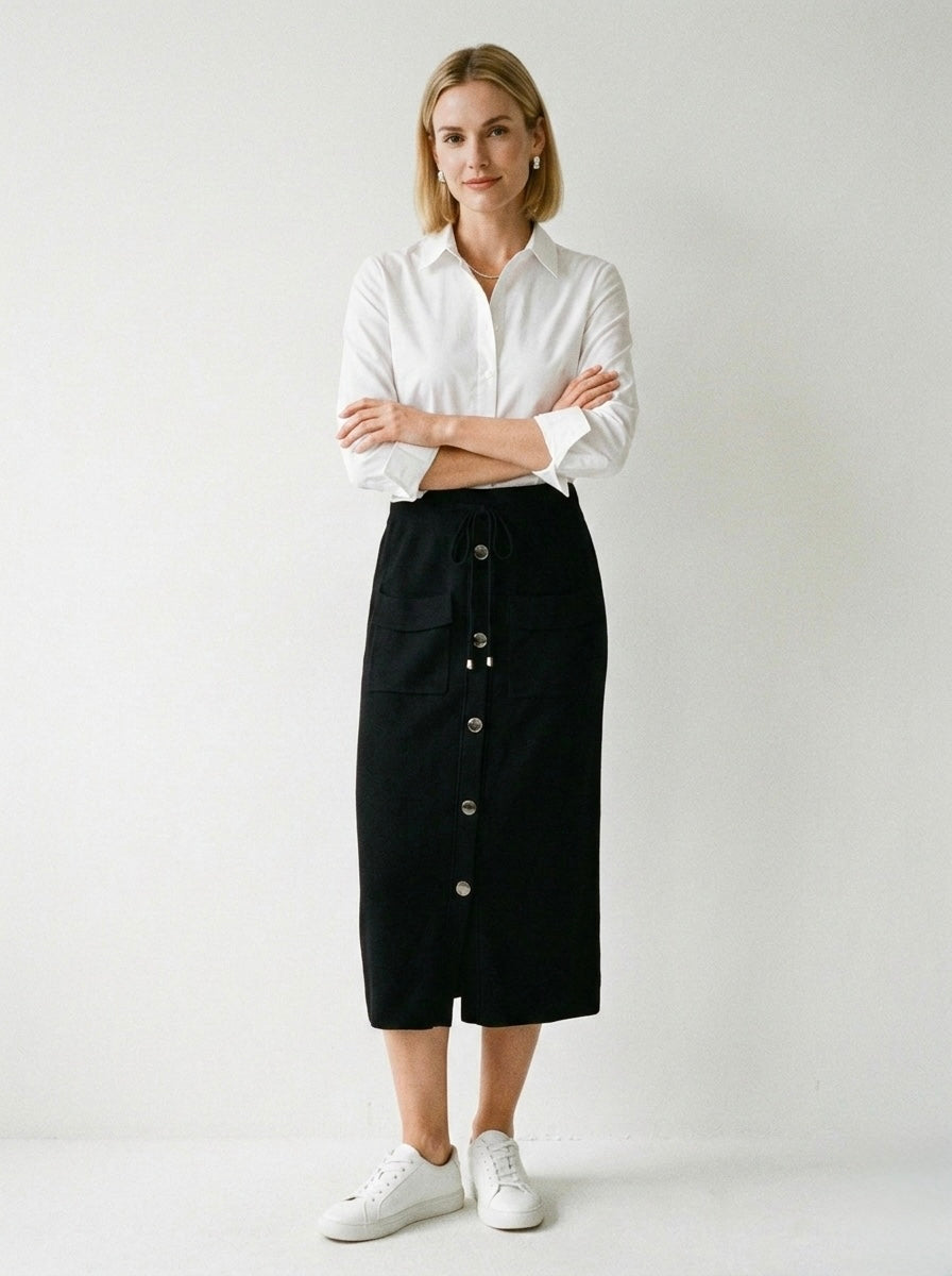 The Autumn Knit Midi Skirt- Black