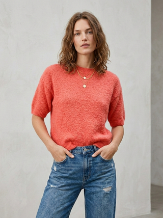 Salmon Pink Alpaca Blend Fuzzy Knit Sweater