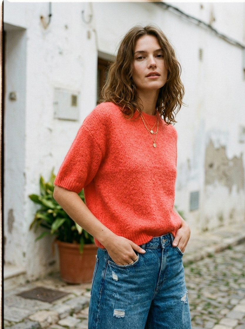 Salmon Pink Alpaca Blend Fuzzy Knit Sweater