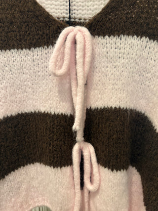 Pink & Chocolate Striped Tie-Front Cardigan