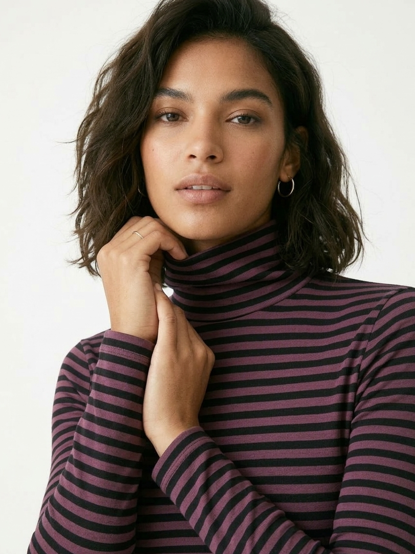 Midnight Plum & Black Striped Mock-Neck Turtleneck