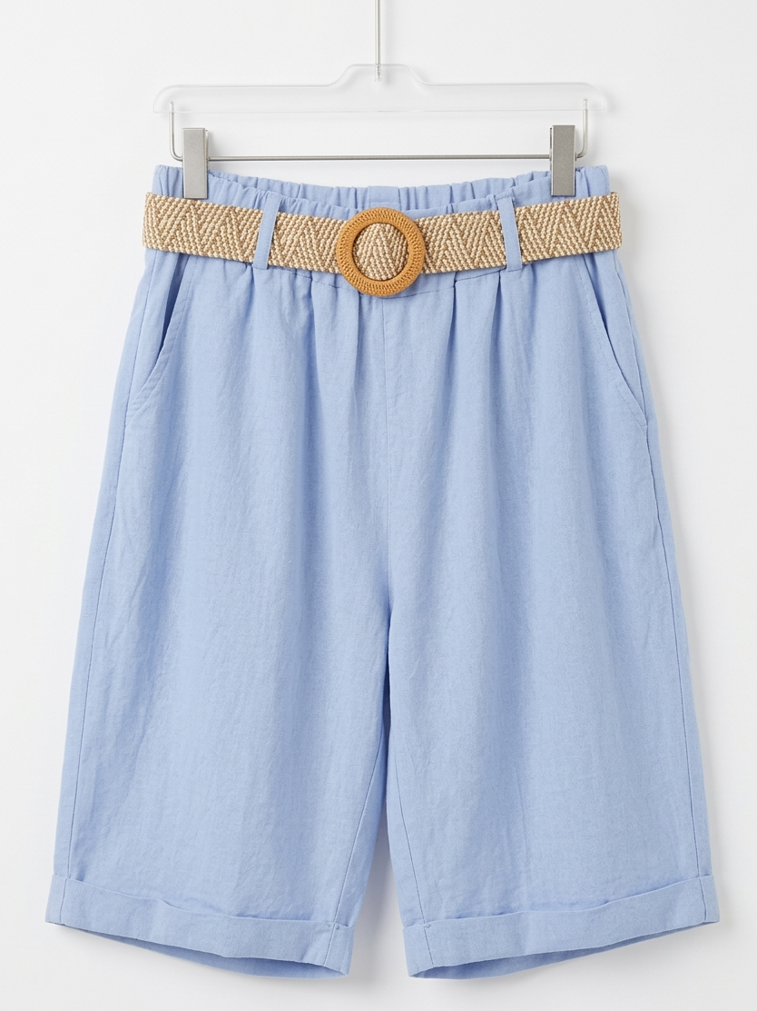 Sky Blue Belted Linen-Look Shorts