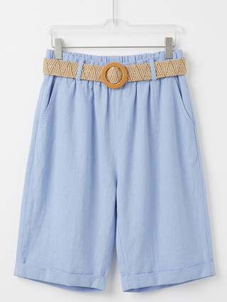 Sky Blue Belted Linen-Look Shorts
