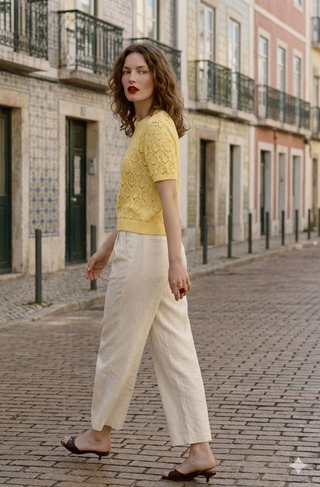 Italian Pointelle Knit Short-Sleeve Round Neck Sweater- Buttercup Yellow.