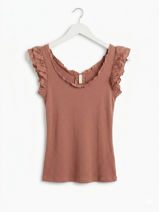 The Italian Eyelet Ruffle Tank- Muted Clay