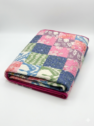 Artisan Reversible Queen Size Cotton Quilt – Midnight Paisley & Pastel Patchwork