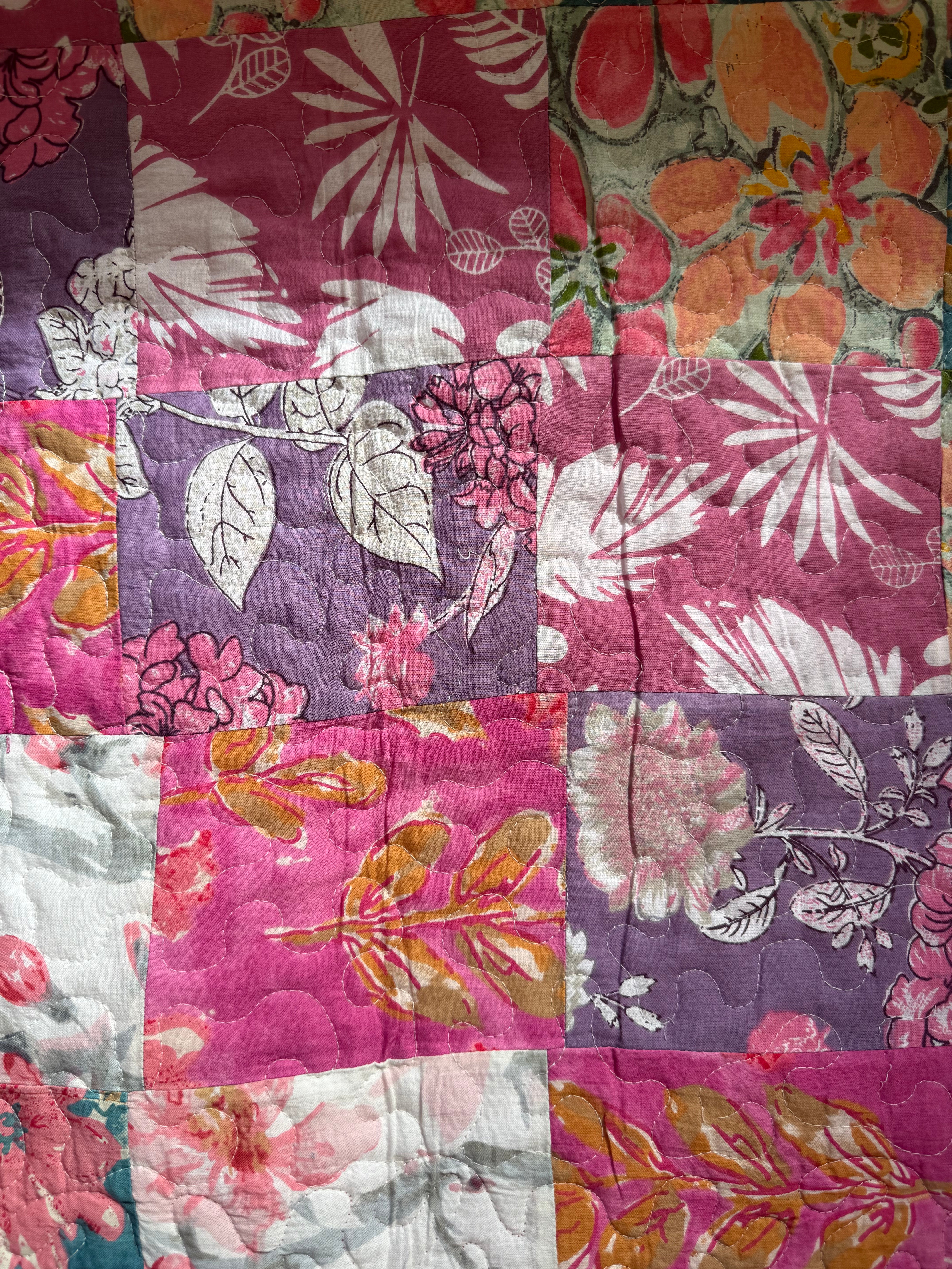 Bohemian Meadow & Fuchsia Scroll Cotton Reversible Queen Sized Quilt