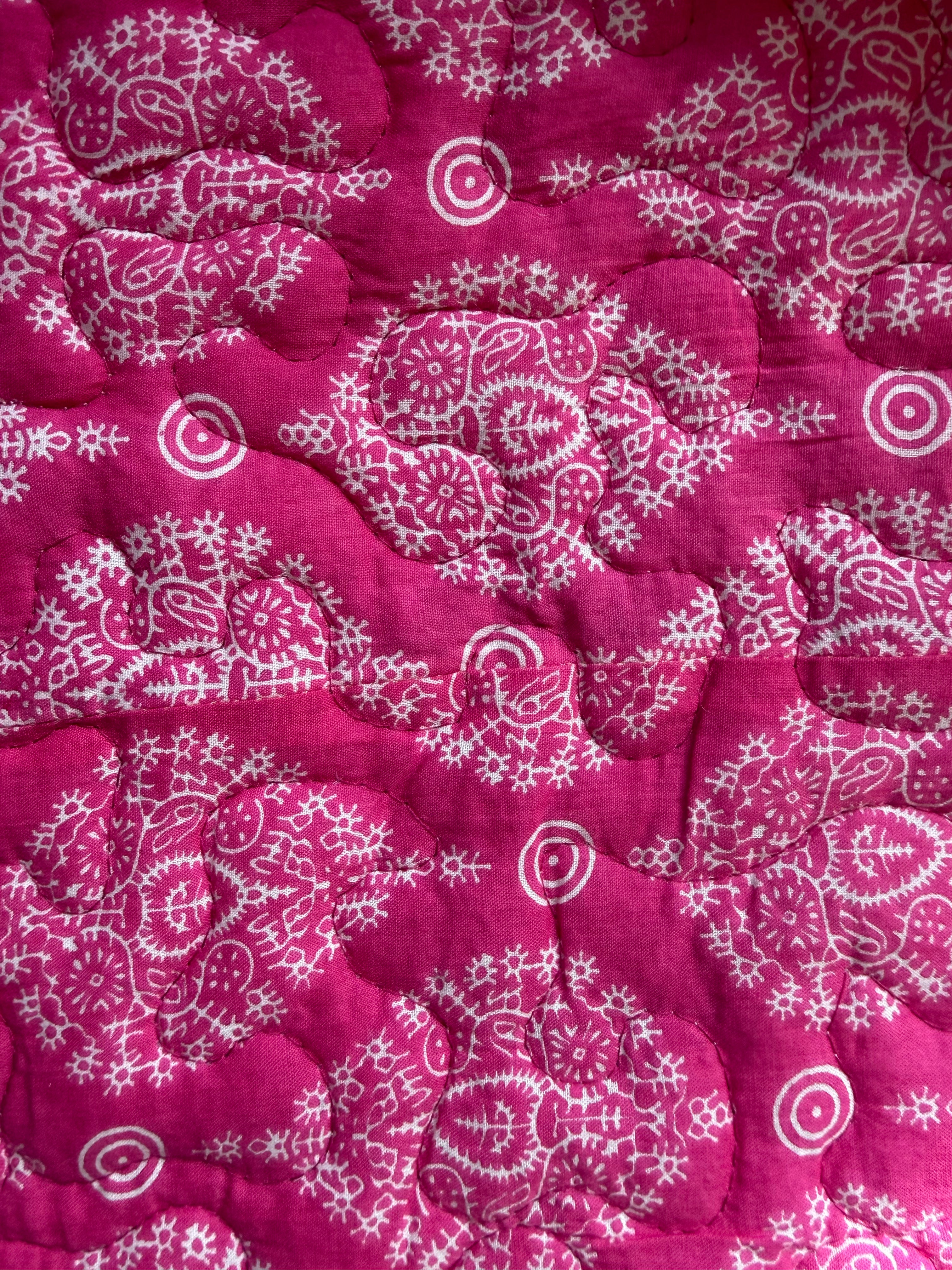 Bohemian Meadow & Fuchsia Scroll Cotton Reversible Queen Sized Quilt
