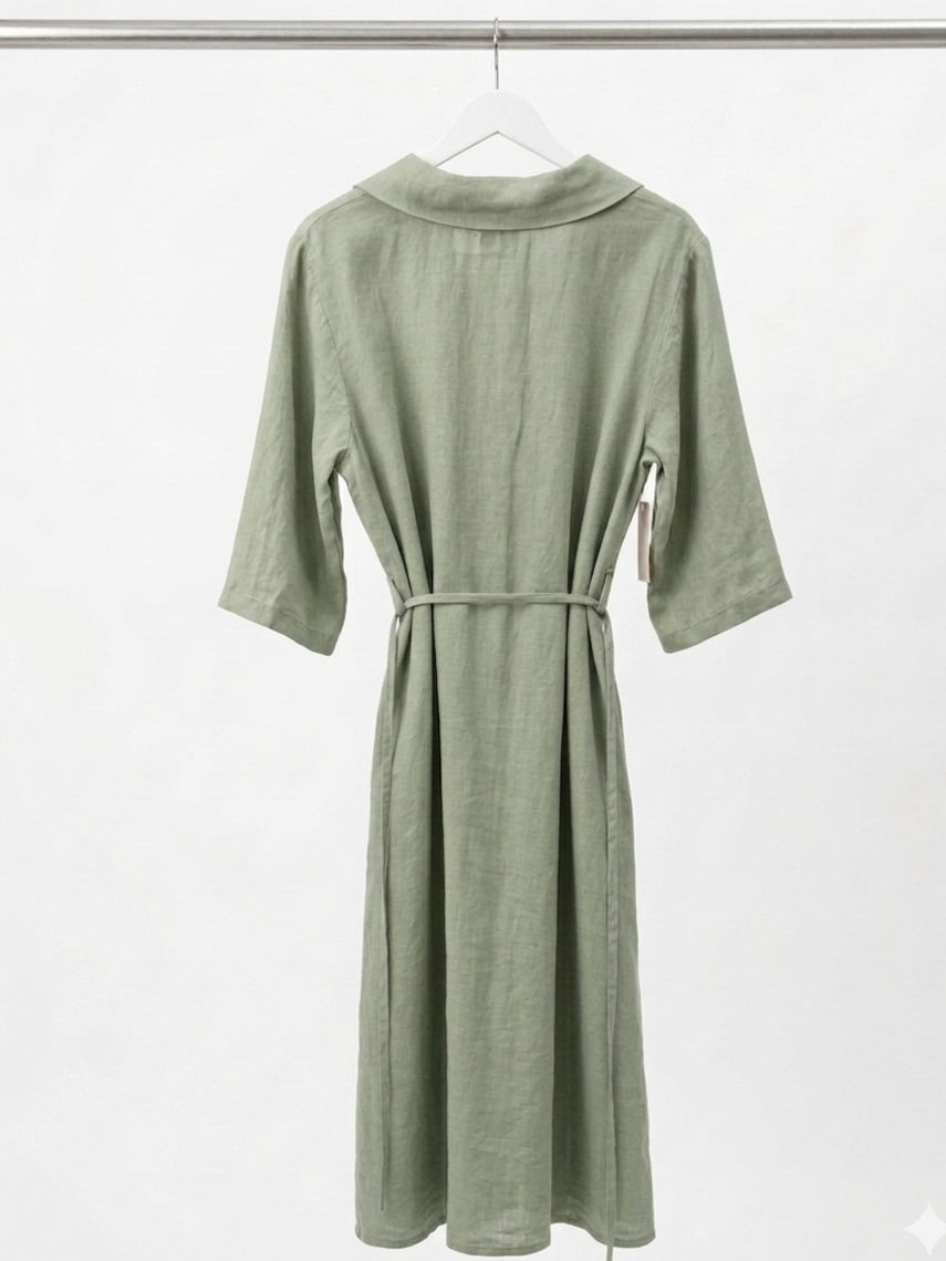 LINEN MIDI SHIRT DRESS-MUTED SAGE GREEN