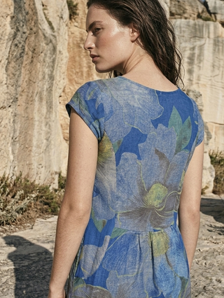 Floral Print Linen Blend Tunic - Royal Blue