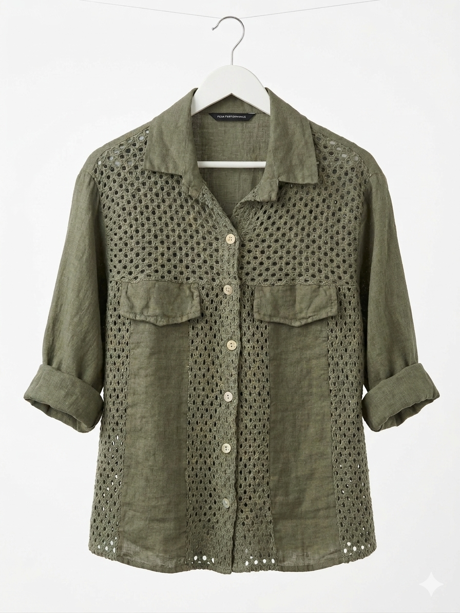 A E L I A OVERSIZED LINEN SHIRT WITH EYELET PANELS- MOSS GREEN